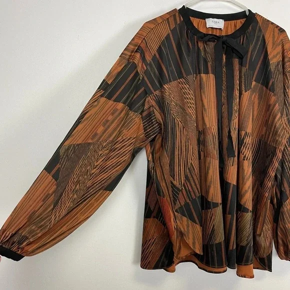 Zara Basic Blouse Womens Size Small Oversized Black Brown Pattern Neck Tie Bow - Picture 2 of 11